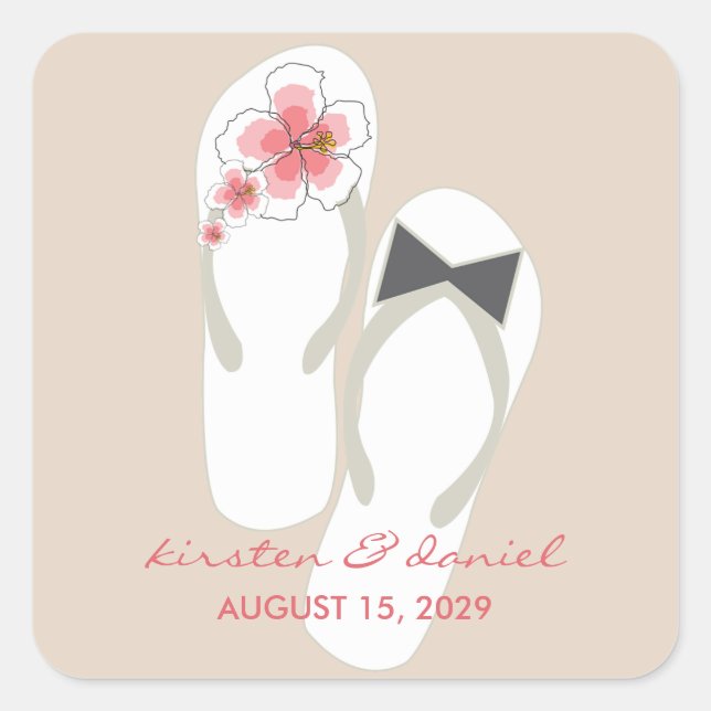 Sticker Carré Mr & Mrs Pink Hibiscus Flip Flops Plage Mariage (Devant)