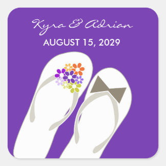 Sticker Carré Mr & Mrs Purple Flowers Flip Flops Plage Mariage
