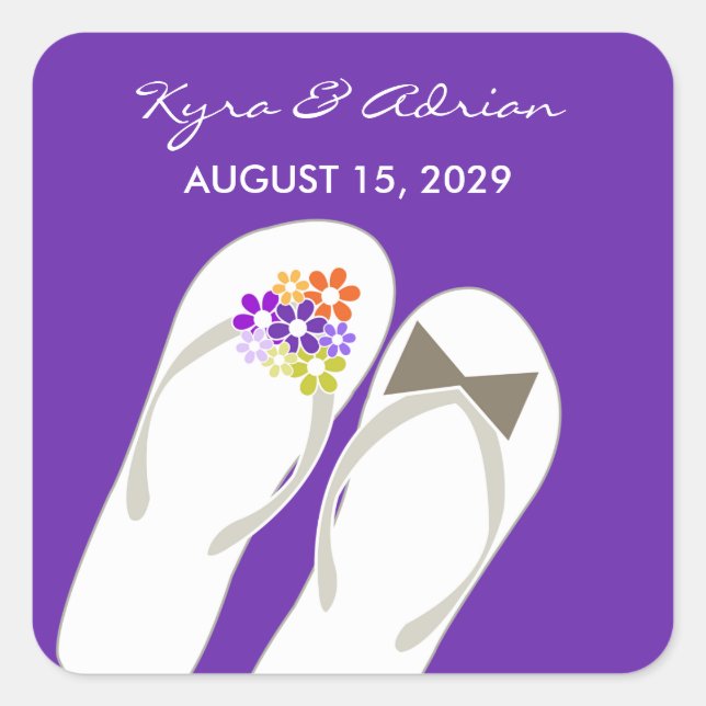 Sticker Carré Mr & Mrs Purple Flowers Flip Flops Plage Mariage (Devant)