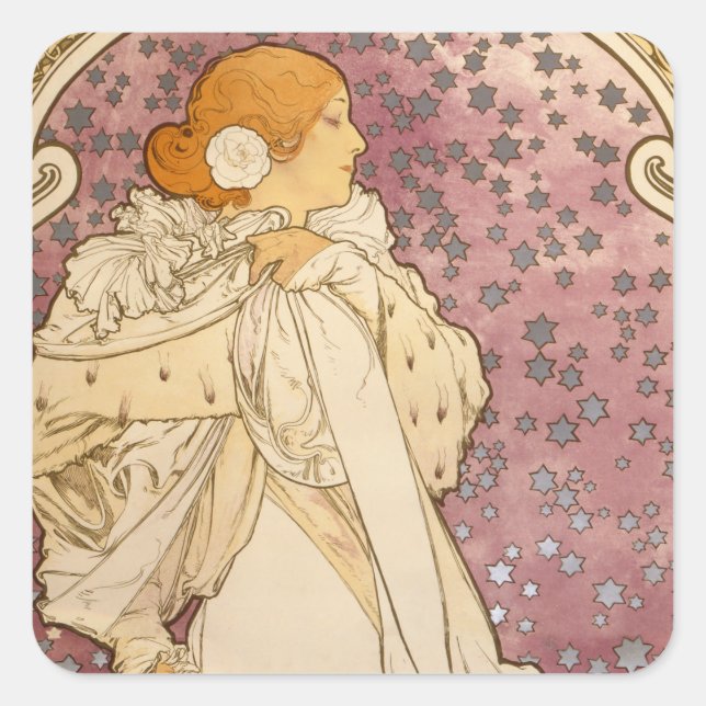 Sticker Carré Mucha Art nouveau femme beauté (Devant)