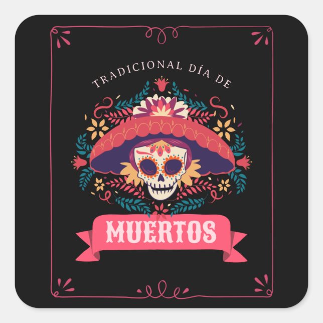 Sticker Carré Muertos Skull Day of the Dead (Devant)