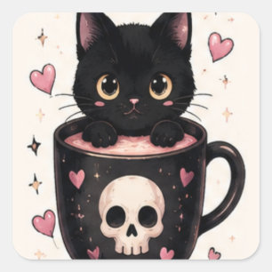 Sticker Carré Mug Crâne Mignon Chat Noir Halloween