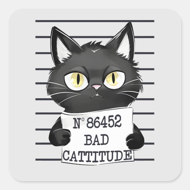 Sticker Carré Mugshot de chat noir drôle et mignon (Devant)
