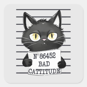 Sticker Carré Mugshot de chat noir drôle et mignon