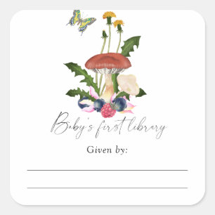 Sticker Carré Mushrooms - Ex-libris pour Baby Shower, livres pou