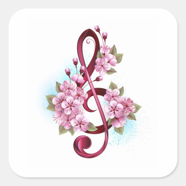 Sticker Carré Musical treble clef notes with sakura flowers (Devant)