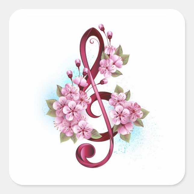 Sticker Carré Musical treble clef notes with sakura flowers (Devant)