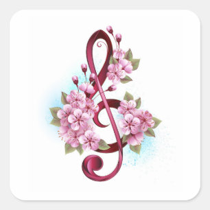 Sticker Carré Musical treble clef notes with sakura flowers