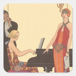 Sticker Carré Musique Vintage, Art Déco Pianiste Musicien Chante