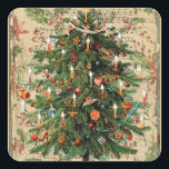 Sticker Carré Musique Vintage Christmas Tree<br><div class="desc">Ajoutez un peu de flair à vos vacances avec ces autocollants vintages de Noël avec un arbre de Noël et un arrière - plan poinsettia avec de la musique du Père Noël !</div>