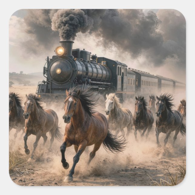 Sticker Carré Mustangs sauvages courant le long d'un train vinta (Devant)