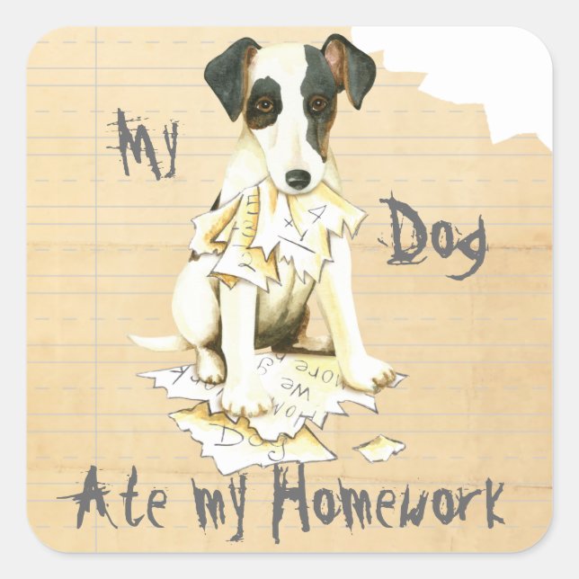 Sticker Carré My Smooth Fox Terrier A Mangé Mes devoirs (Devant)