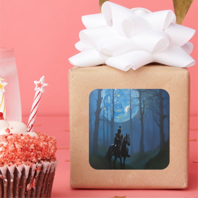 Sticker Carré Mystérieux Chevalier Noir dans la Forêt Lune (Fête)