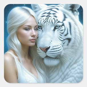 Sticker Carré Mystic White Tiger and Woman