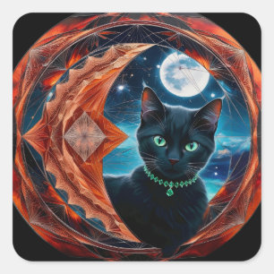 Sticker Carré Mystical Black Cat Celestial Mandala