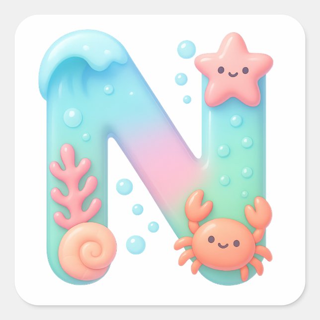 Sticker Carré "N" Cute Letter - Underwater Sea Creature (Devant)