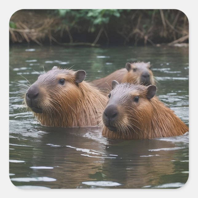 Sticker Carré Nage des capybaras dans la rivière,  (Devant)