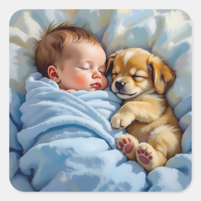 Sticker Carré Naissance bébé garçon Napping avec chiot (Devant)