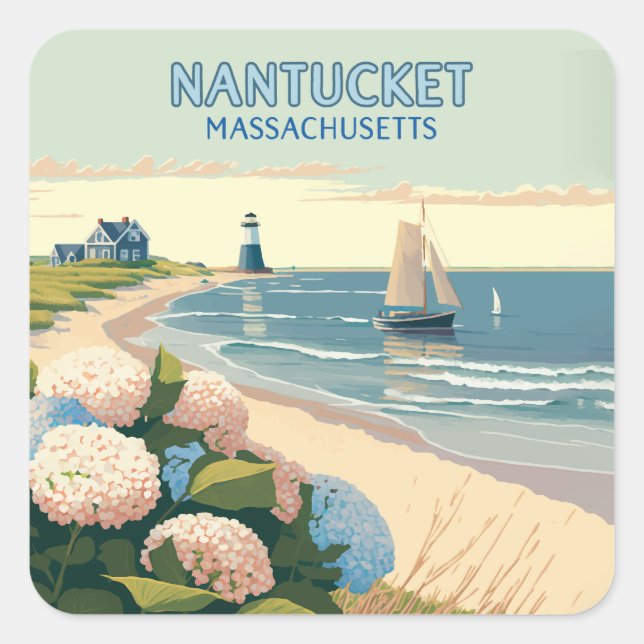 Sticker Carré Nantucket Beach Hydrangeas Lighthouse Rétro (Devant)