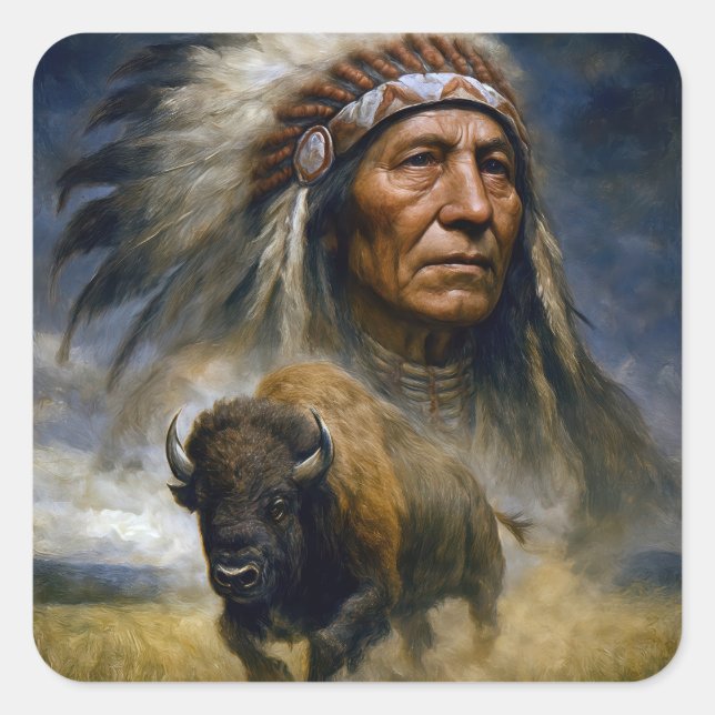 Sticker Carré Native American Chief with Charging Buffalo (Devant)
