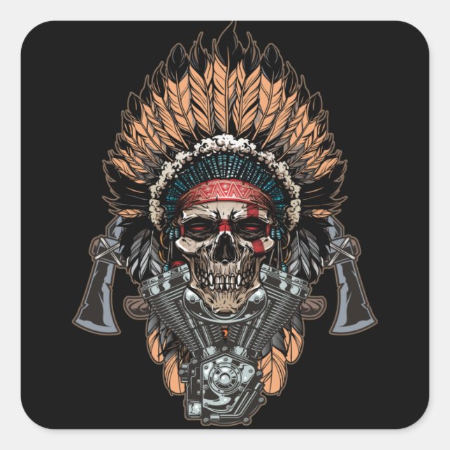 Sticker Carré Native American Indian Chief Skull Motorcycle (Devant)