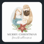 Sticker Carré Nativité aquarelle Joli Noël | Nom<br><div class="desc">Ces autocollants simples et élégants présentent une aquarelle peinte à la main de la crèche (Baby Jesus, Mary, et Joseph), ainsi qu'un design floral poinsettia. Les modèles textuels sont inclus pour un accueil et une personnalisation. Idéal pour les enveloppes, préférez les étiquettes, les étiquettes cadeaux et plus encore ! Rappelez...</div>