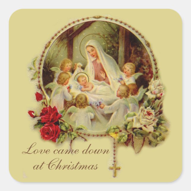 Sticker Carré Nativité Béni Mère Bébé Jésus Rosaire Roses (Devant)