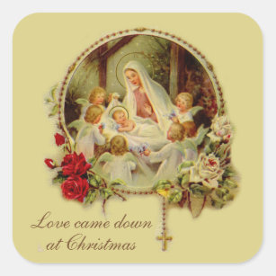 Sticker Carré Nativité Béni Mère Bébé Jésus Rosaire Roses