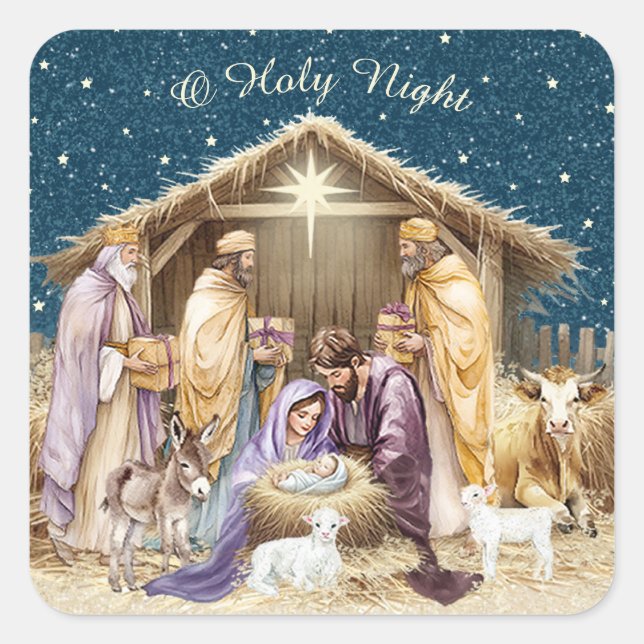 Sticker Carré Nativité de Noël à l'aquarelle  (Devant)