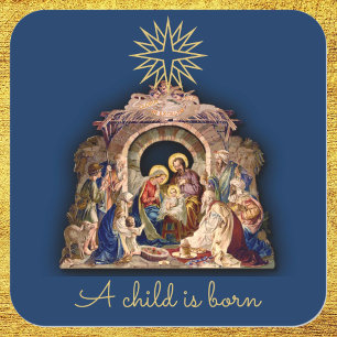 Sticker Carré Nativité de Noël Religieux Suivre L'Étoile Bleu