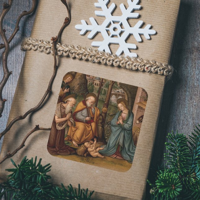Sticker Carré Nativité du Christ Noël chrétien religieux (Vintage Nativity Scene of Jesus Christ Religious Christian Catholic Christmas Square Gift Sticker)