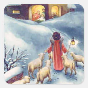 Sticker Carré Nativité vintage de berger d'ange de Noël