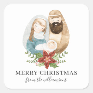 Sticker Carré Nativité Watercolor Joli Christmas  Nom