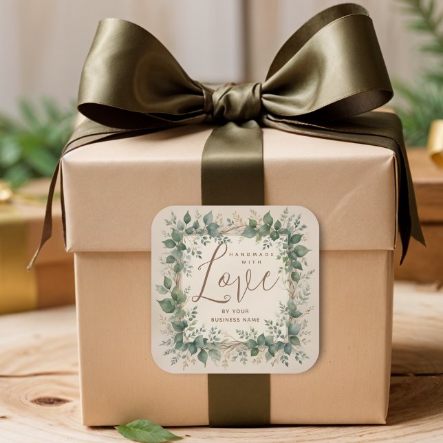 Sticker Carré Natural Creative Branches & Leaves for Artisan (Natural Rustic Soft Brown Creative Branches & Leaves Handmade with Love Quote Square Stickers.)