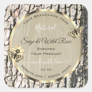 Sticker Carré Nature Beige Tree Bark Gold Frame Produits Étiquet