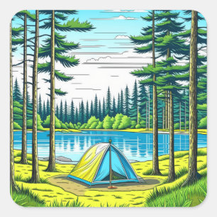 Sticker Carré Nature Camping Tente à thème dans les bois