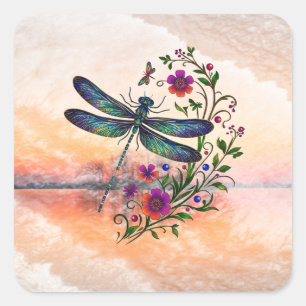 Sticker Carré Nature Colorée Libellule Vibrante Art Floral 