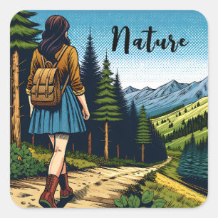 Sticker Carré Nature   Femmes Randonnée sur un sentier