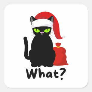 Sticker Carré Naughty Chat noir portant le chapeau du Père Noël