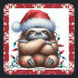 Sticker Carré Naughty Christmas Lights Sloth<br><div class="desc">Cette coquine petite paresse s'est emmêlée aux lumières de Noël ! Il peut seulement espérer que Père Noël ne le découvre pas ou qu'il soit mis sur la liste des vilains !</div>
