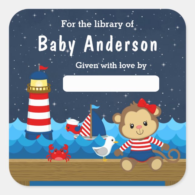 Sticker Carré Nautical Girl Monkey Red and Navy Baby Bookplate (Devant)
