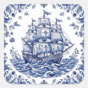 Sticker Carré Navire marchand de style Delft bleu blanc