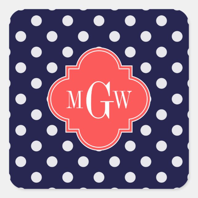 Sticker Carré Navy Blanc Points de Corail Quatrefeuille 3 Monogr (Devant)
