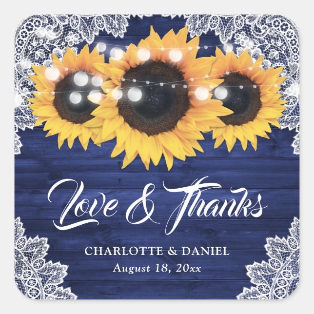 Sticker Carré Navy Blue Wood Lace Sunflower Wedding Thank You (Devant)