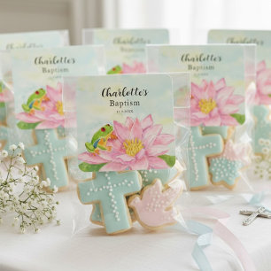 Sticker Carré Nénuphar rose et grenouille arboricole pour baptêm