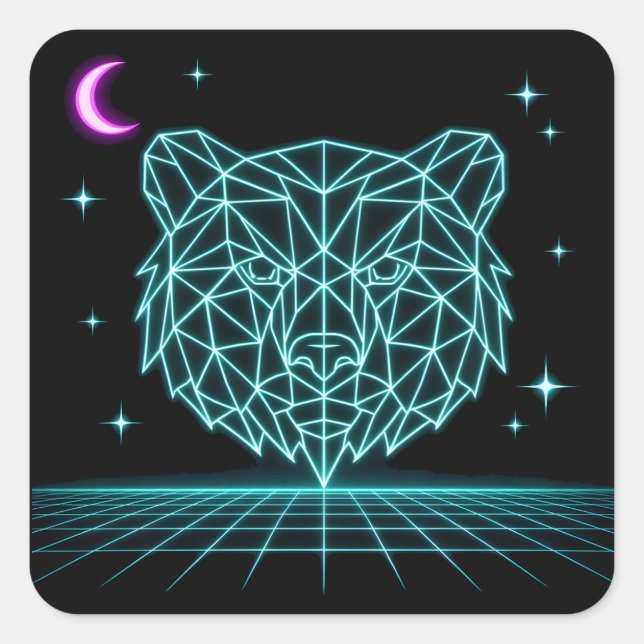 Sticker Carré Neon Bear Synthwave - Bête de la forêt rétro (Devant)