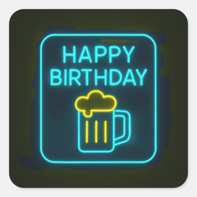 Sticker Carré Neon Birthday Bière Mug Sur Noir (Devant)