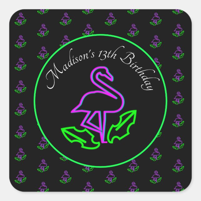 Sticker Carré Neon Flamant rose Glow Party Tropical Rose Faveur (Devant)