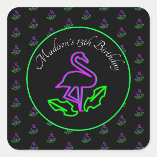 Sticker Carré Neon Flamant rose Glow Party Tropical Rose Faveur