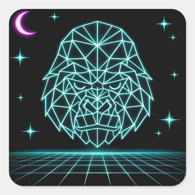 Sticker Carré Neon Gorilla Synthwave - Bête de puissance rétro (Devant)